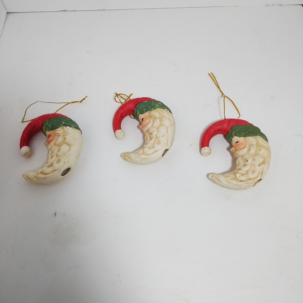 3 Vintage Santa Face Half Crescent Moon Christmas Ornament Ceramic Set Of 3